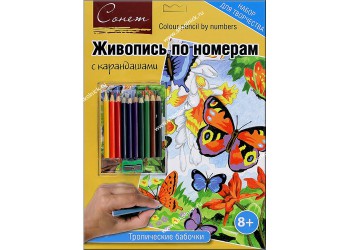 Сонет Живопись по номерам с цветными карандашами, "Тропические бабочки", А4